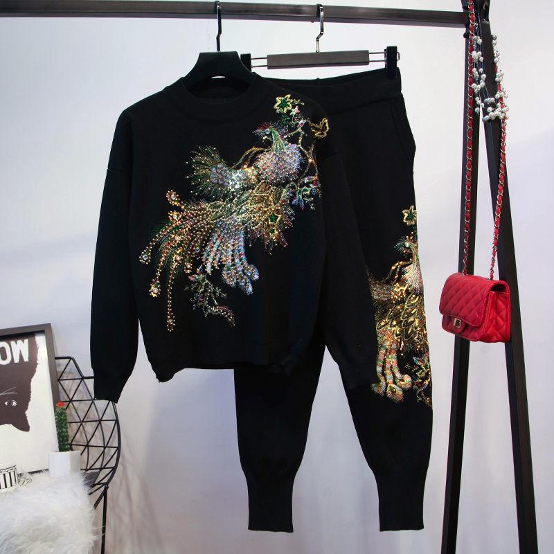 Plus Size Women's Velvet Peacock Sequin Two-Piece Set - Long Sleeve Fashion Suit for Autumn