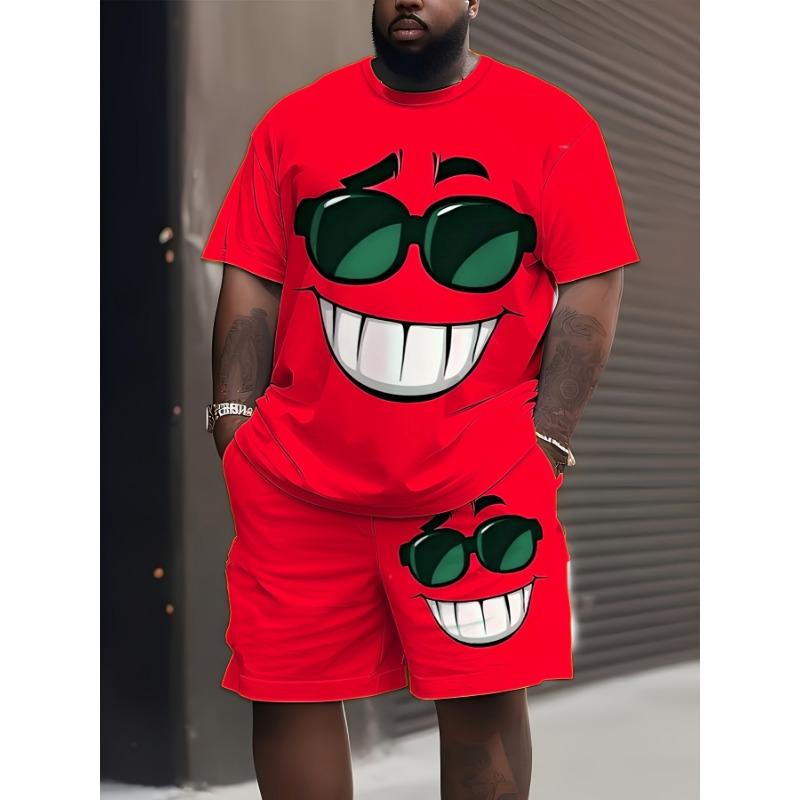 Große Größe neuer Sommer Herren Kurzarm-Shorts-Anzug [bedrucktes Design - keine Textur] Sommer Herren Kreatives Cooles Glückliches Muster Bedruckter Anzug