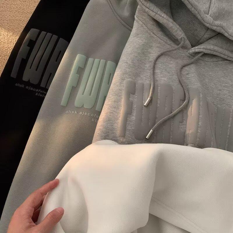Unisex American-Style Heavyweight Hooded Sweatshirt - Men's Winter Loose Fit Casual Foam Print Top