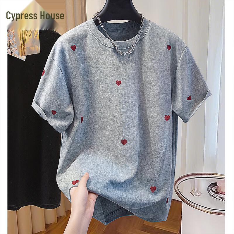 Women s Heart Embroidered Round Neck T-Shirt M