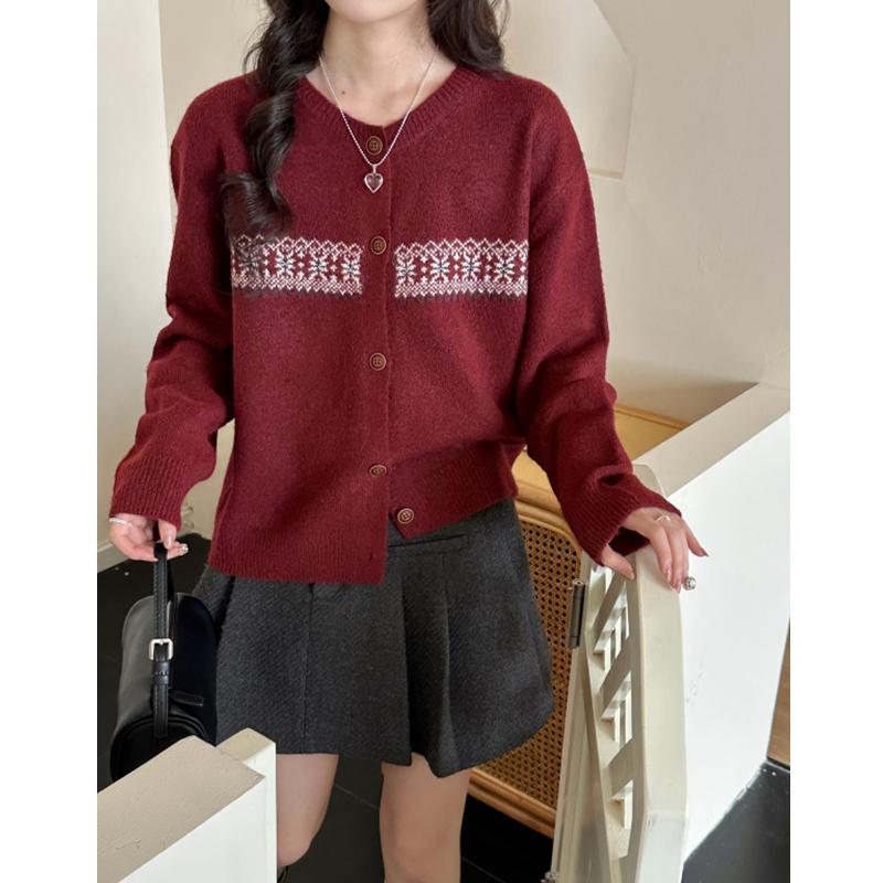 Autumn Winter Single-breasted Knitted Sweater Short Cardigan Jacket Loose Crew Neck Fashion Vintage Prined Sweaters Youth Women