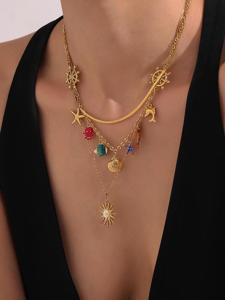 Oumayka Ocean Vacation Style Drip Oil Starfish, Seashell & Seahorse Stainless Steel Necklace