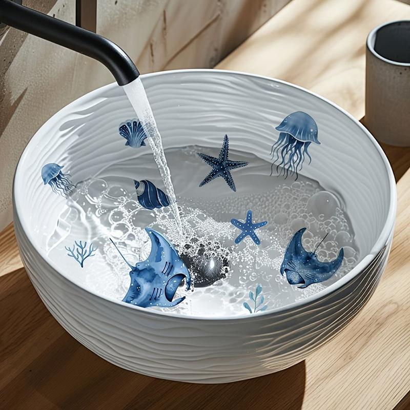 New Sale Blue Tone Marine Life Glass Sticker Bathroom Sink Decorative Decal Wall Sticker Self-Adhesive Removable Home Decoration