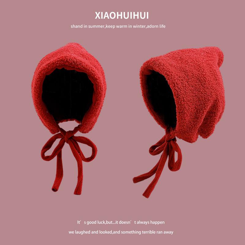 

Christmas Red Lambswool Witch Hat with Ear Protection & Drawstring - Slimming, Trendy Parent-Child Head Wrap One Size