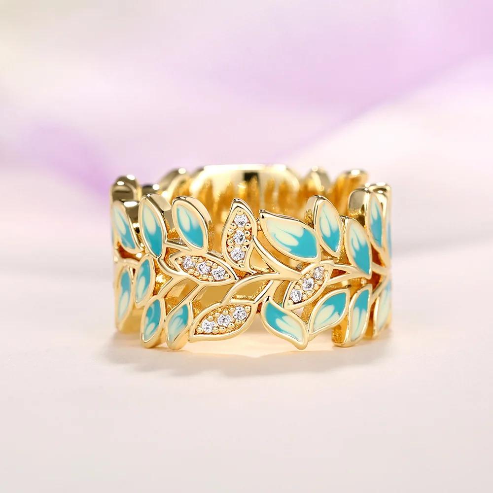 Green Leaf Enamel Handmade Oil Dropping Women's Ring Charm High Luxury Westernized  Prom Fancy Birthday Gift Fashion Jewelry
