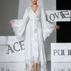 Black & White Satin Morning Robe with Flared Sleeves, Lace Accents, Long Style, Tie Belt, and Train Hem