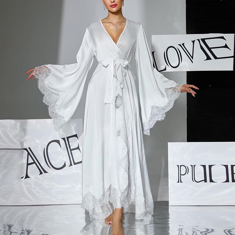 Black & White Satin Morning Robe with Flared Sleeves, Lace Accents, Long Style, Tie Belt, and Train Hem