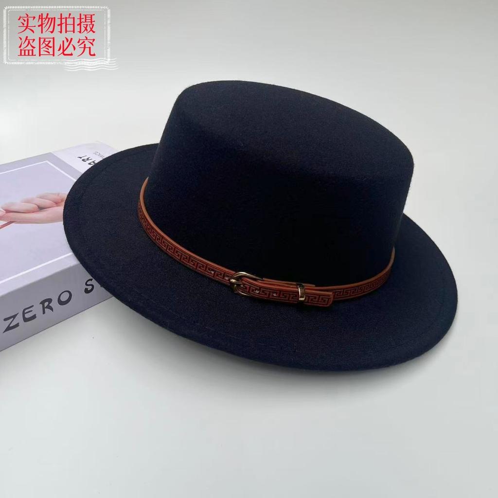 New Belt Buckle Woolen Hat British Retro Autumn and Winter Hat Men's and Women's Trendy Versatile Wide-brimmed Flat Top Top Top Hat