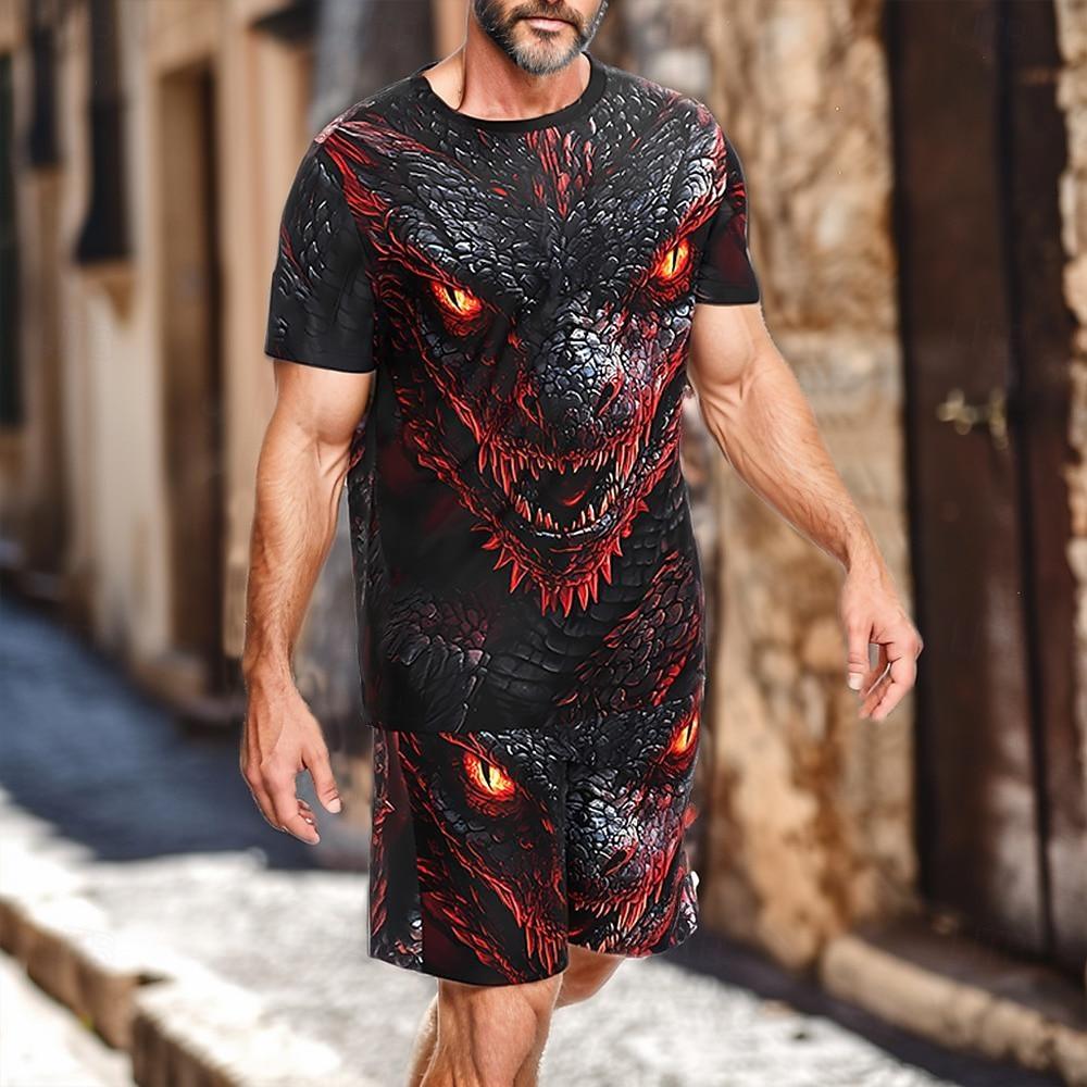 Men s Dragon Tees Sets Summer Tops Short Sleeve Short Pants Crew Neck Sport Street Style Outdoor Street Sport Summer S