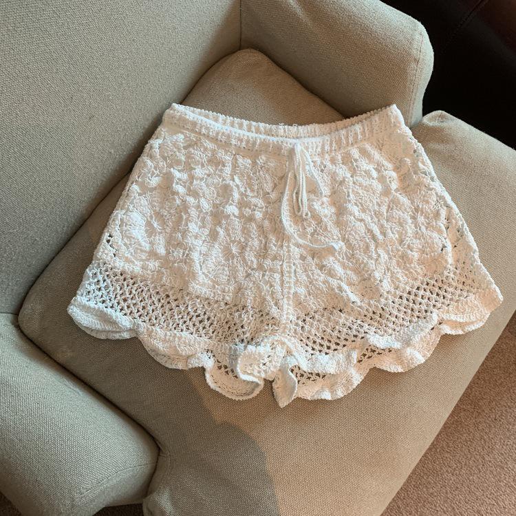 Women's Lace Hollow-Out A-Line High Waist Wide-Leg Three-Quarter Sports Shorts - Summer Anti-Exposure Style