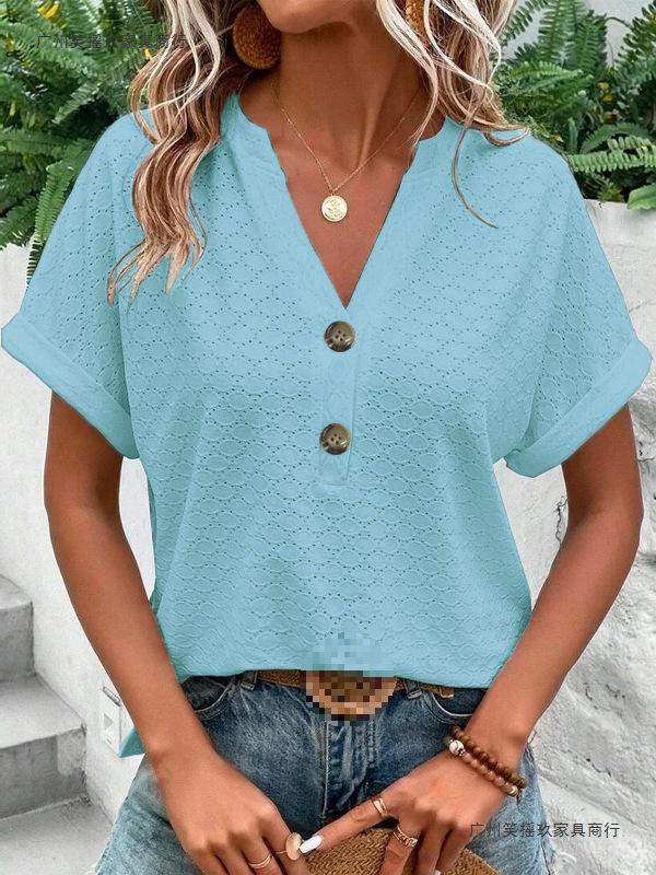 Spring/Summer 2026 Women's Casual V-Neck Button T-Shirt - Sweet Short Sleeve, Solid Color