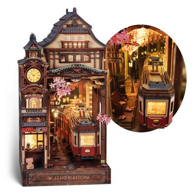 FUNPOLA Wooden Puzzle 3D No of Book Nook Relaxing Spring Cherry Blossom DIY Miniature Dollhouse with LED Bookshelf Display Craft Set for Beginners and