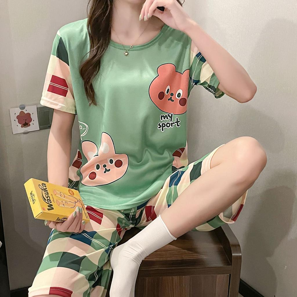 Pajamas Women's Summer, New Spring and Summer Short-sleeved Cute Loose Cropped Pants Loungewear Two-piece Set Summer