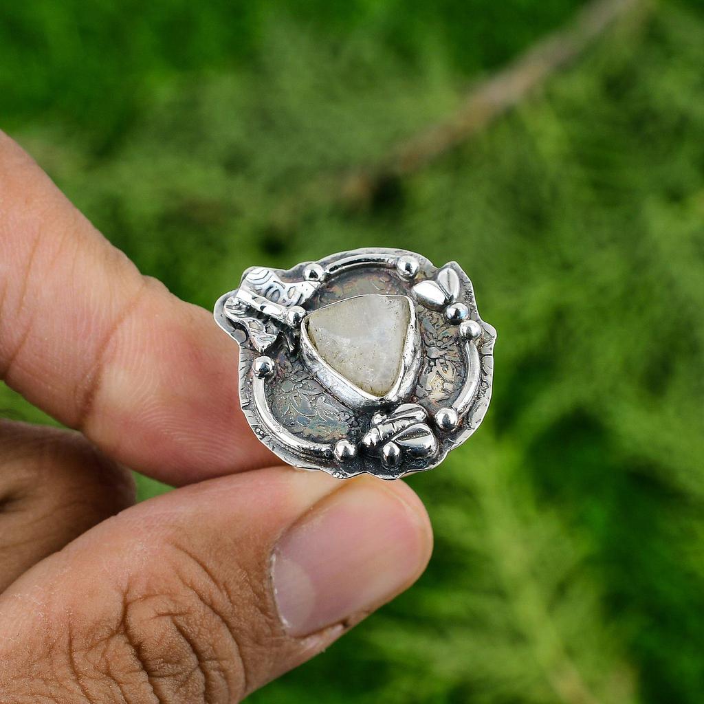 925 Silver Crown Chakra Natural Rainbow Moonstone Rough Solitaire Statement Ring