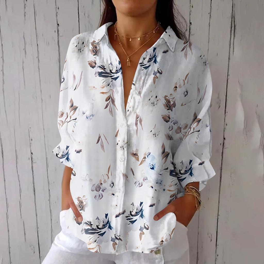 Women's Fashion Seven Sleeve Casual Lapel Back Tie Shirt Printed T-Shirt Top