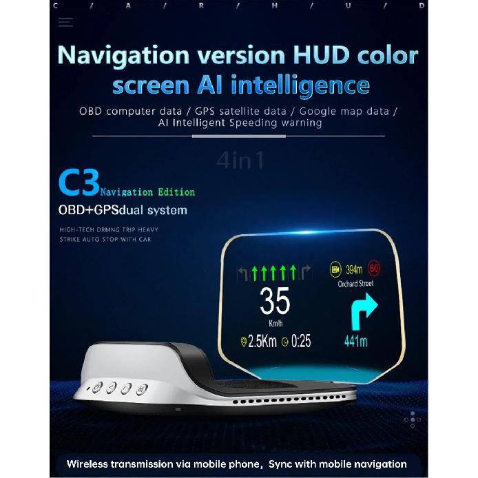 C3 Navigation HUD Speedometer Mirror OBD2+GPS Dual Mode OBD2 Head Up Display GPS HUD Digital MPH KMH Water&Oil Temp RPM Voltage