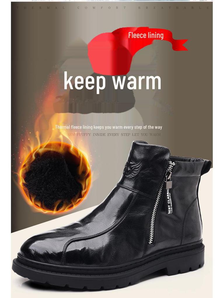 Men's Genuine Leather High Top Winter Boots - Warm Velvet-Lined Casual Martin Boots in British Style.