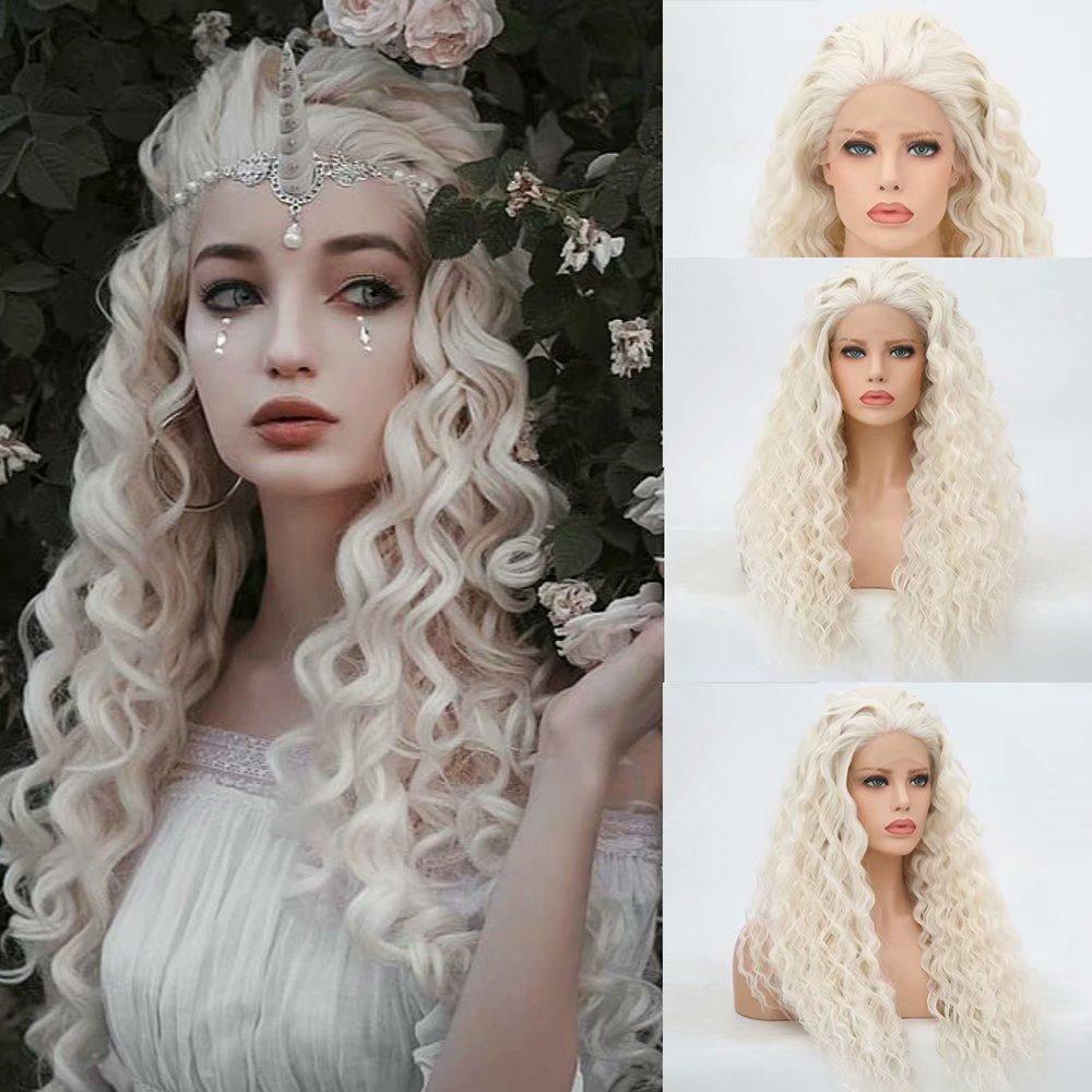 

Синтетический парик спереди, платиновый блондин, длинный вьющийся парик, бесклеевой натуральный парик из синтетических волос, повседневное использование, косплей