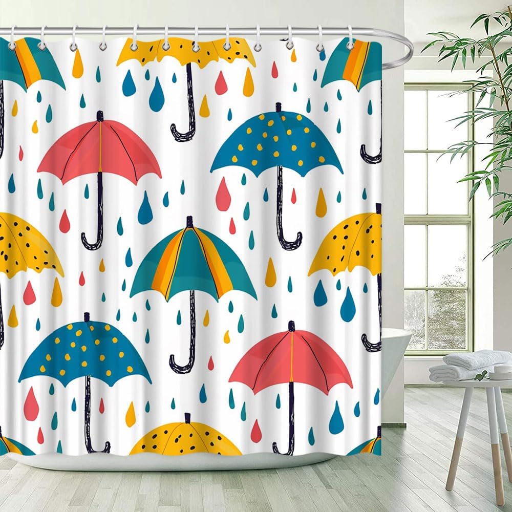 Colorful Umbrellas and Raindrops Shower Curtain Vibrant Pattern with Pink Yellow and Blue Umbrellas Rainy Day Weather Bathroom