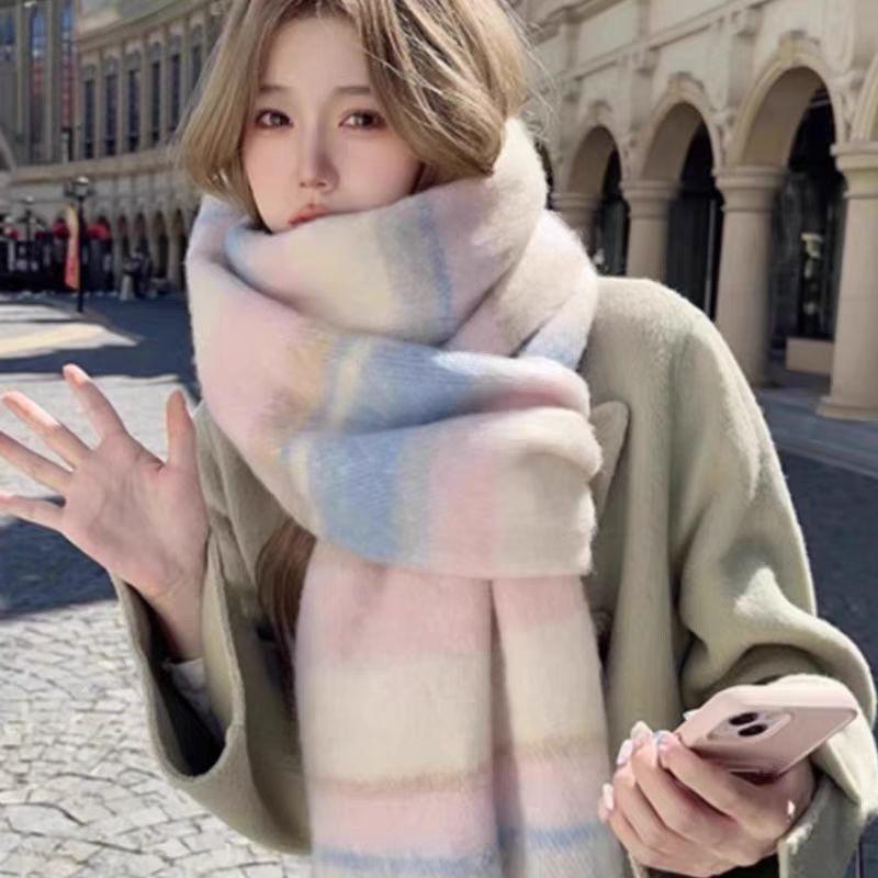 New hippocampus hair scarf winter women's Korean atmosphere sense advanced sense plaid warm thickened scarf men