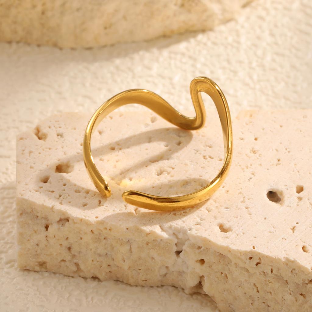 Stainless Steel Wavy Geometric Opening Ring for Women,Gold Plated Charm Rings,Trendy Jewelry Mother's Day Gifts