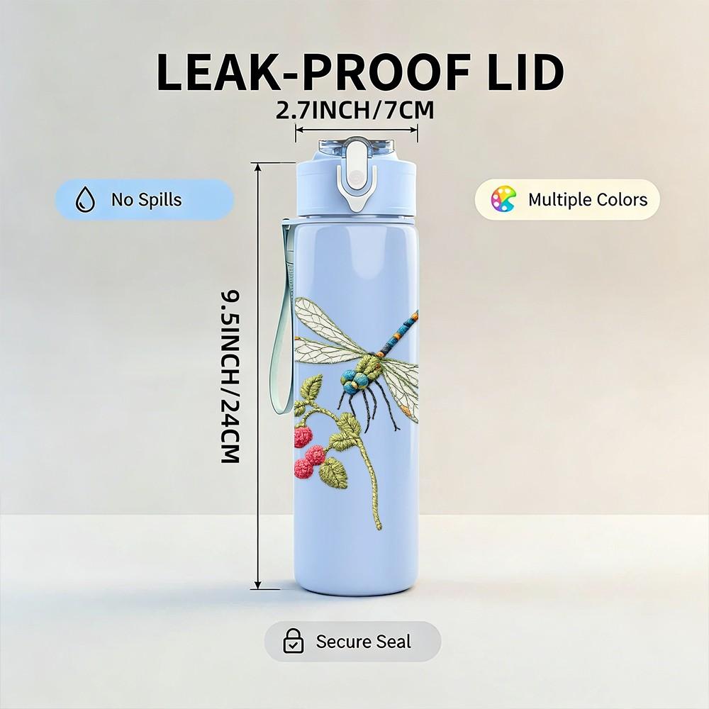 1PC Dragonfly Flower Line Art Print 750ml Color Plastic Sports Water Bottle Leakproof Flip Straw Lid Suitable for Sports Office Home Use