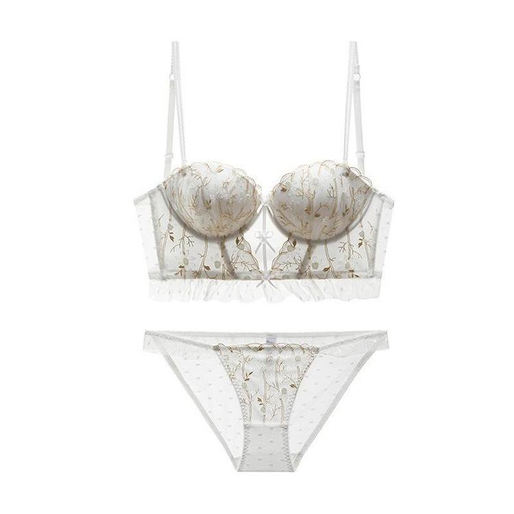 

French large U-shaped beautiful back underwear women s lace embroidery contrasting color sexy bra small breasts gathering bra women 70A білий