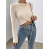 Women Slim Fit Cross Design Round Neck Long Sleeve Knit Sweater