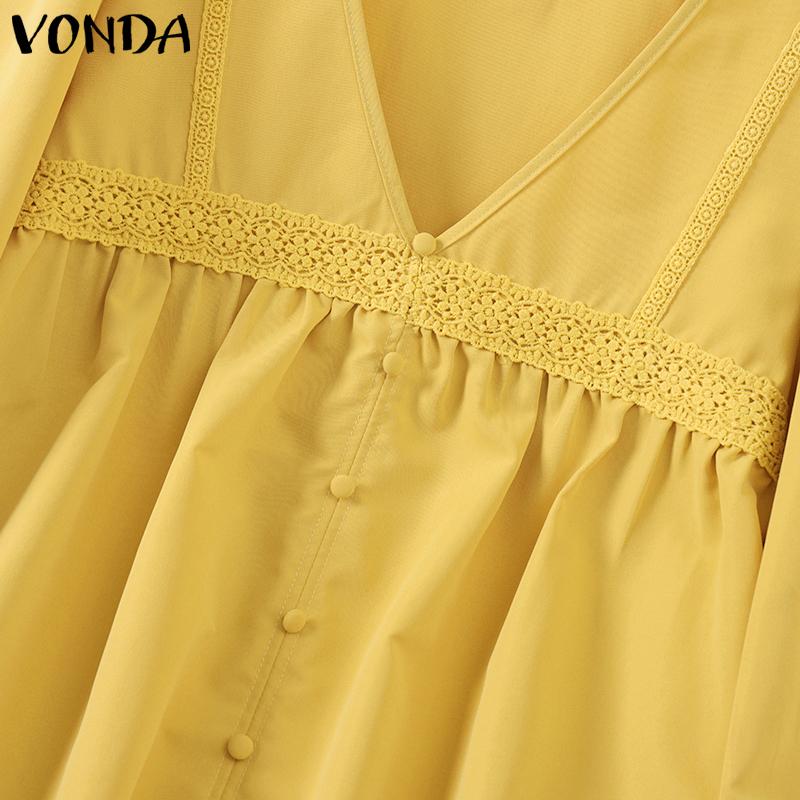 VONDA Women Casual Lace V-Neck Lantern Long Sleeve Blouses