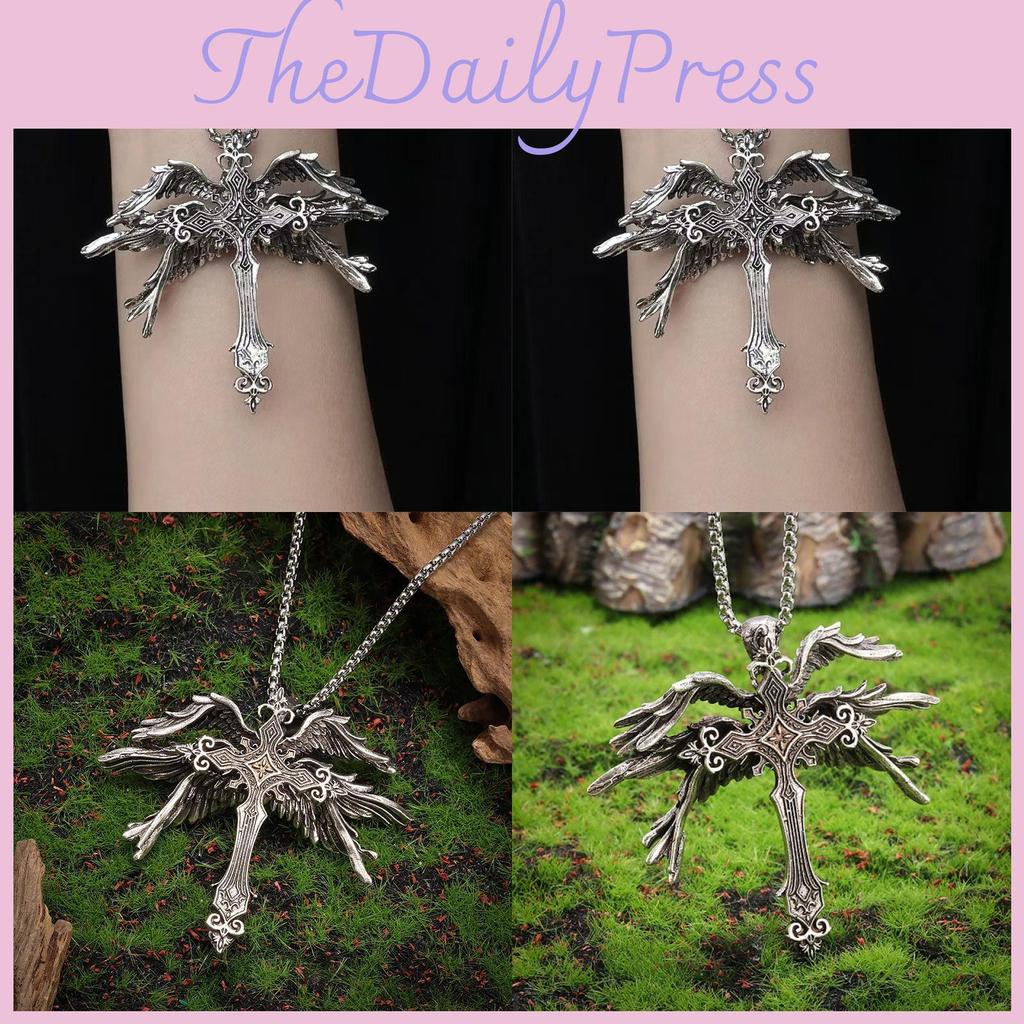 Gorgeous Six Wing Angel Cross Necklace Trendy Geometric Pendant With Durable Material Alloy