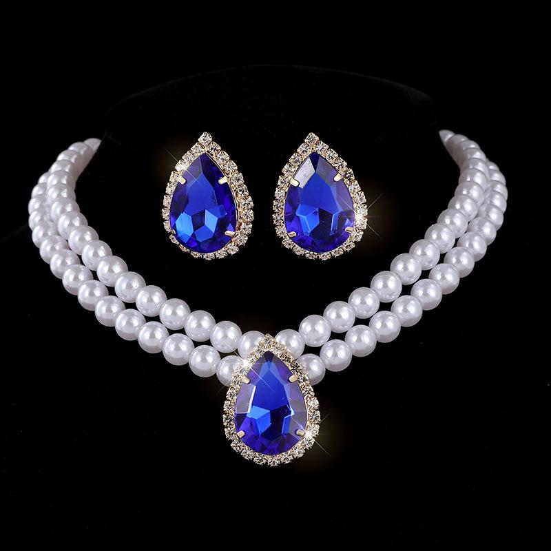 Pearl choker collarbone chain water drop bride multi-layer imitation pearl rhinestone necklace stud earrings set for women