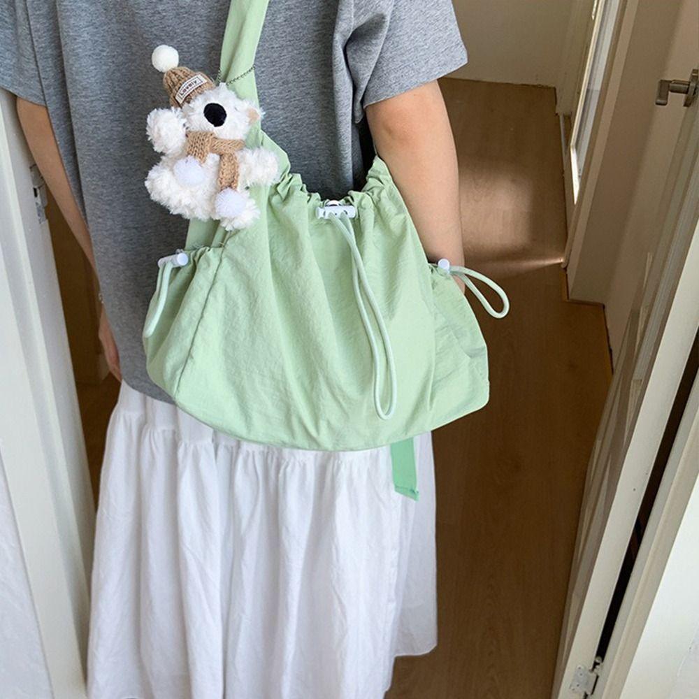 Large Capacity Drawstring Tote Bag Korean Crossbody Bag Casual Nylon Shoulder Bag Office Worker