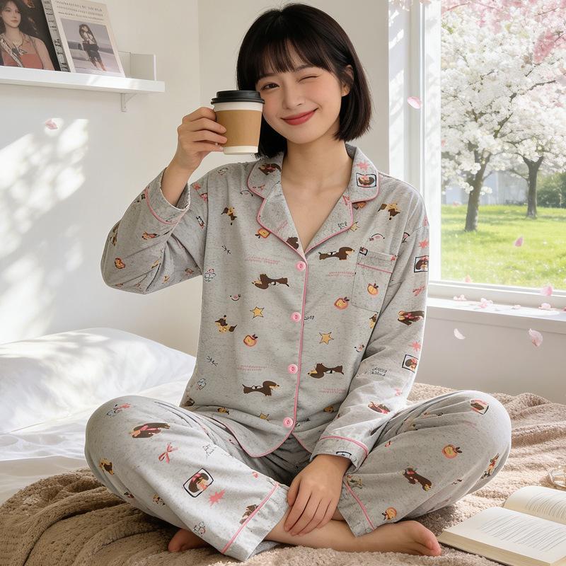 Japanese cute cartoon pajamas women's spring and autumn imitation cotton long-sleeved soft girl casual loungewear suit can be worn outside