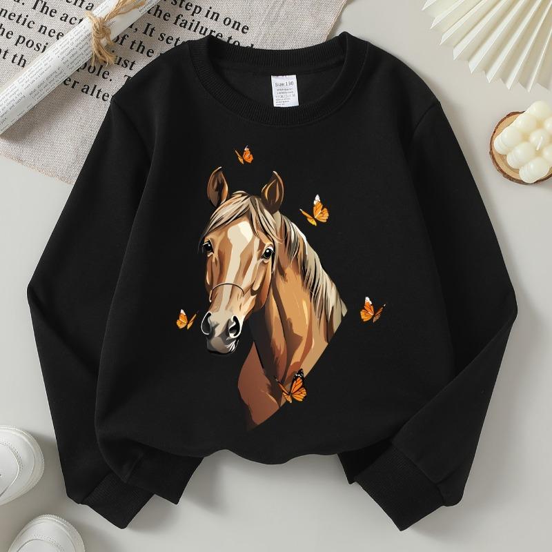Kids Crewneck Long Sleeve Sweatshirt,Horse Graphic Print 110