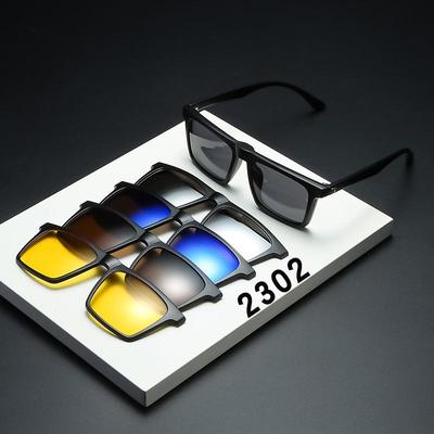 Occhiali da miope da uomo retrò con montatura nera e occhiali da sole magnetici intercambiabili – Set di lenti alla moda a doppio uso 2302