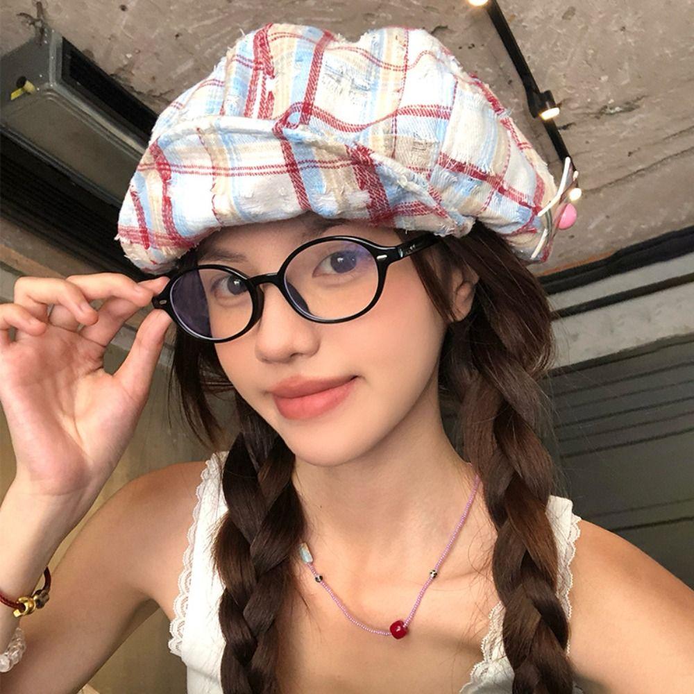 Y2k Octagonal Caps Korean Painter Hat Vintage Plaid Cloud Berets Girls