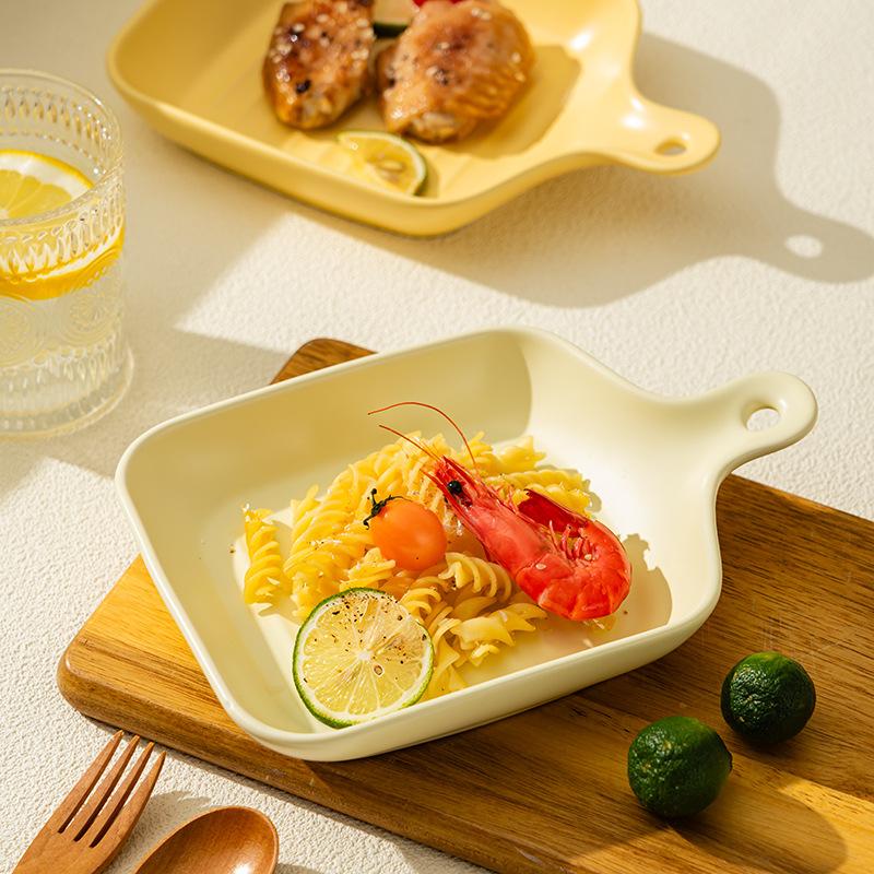 Cream Wind Ceramic Western Food Plate Restaurant Household Baking Plate With Handle Vegetable Plate Baking Plate Baked Rice Plate Salad Plate