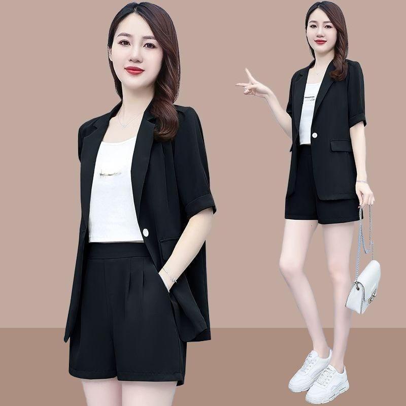 Summer Casual Short Sleeved Blazrs Jacket Matching Set Women's Fashion Professional Suit Coat Shorts Two-piece