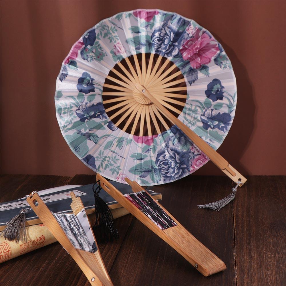 Round Folding Hand Fan Bamboo Handle Hand Circular Fan Home Decor Chinese Fans  Summer Decor