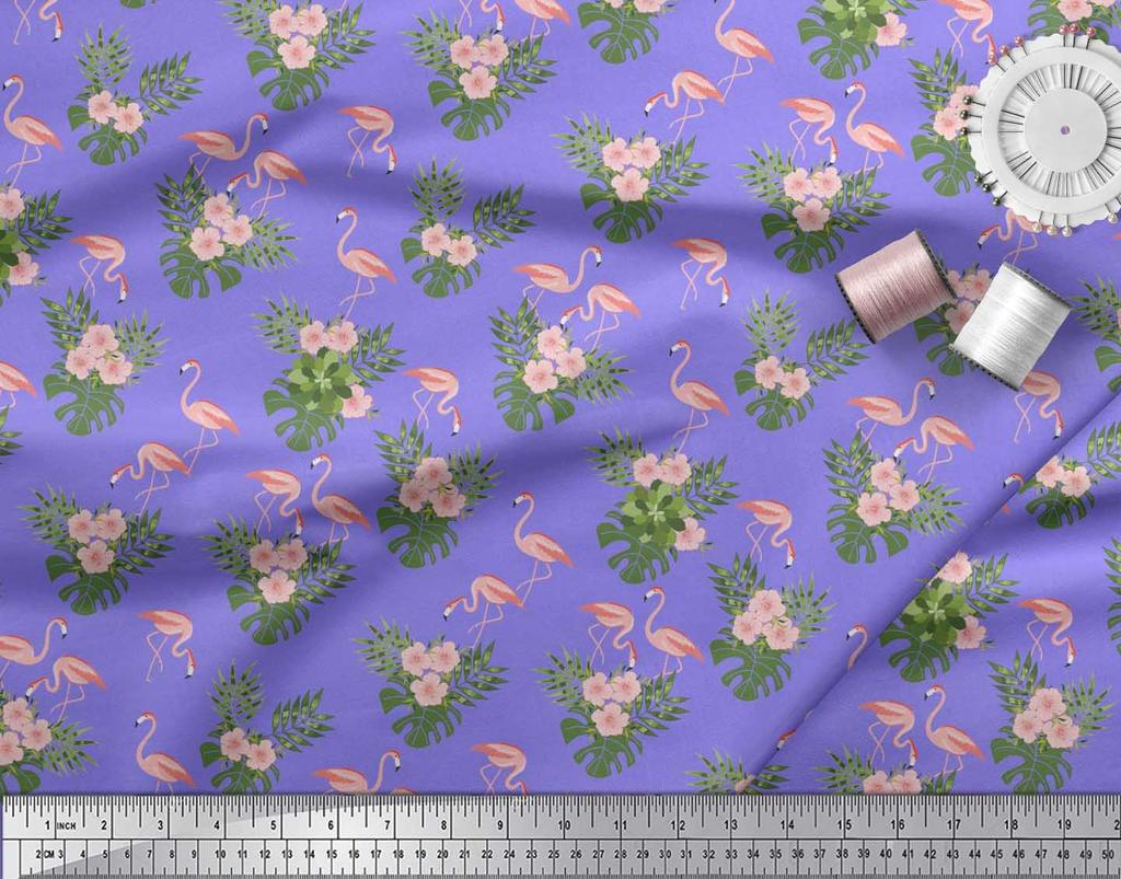 Soimoi Japan Crepe Satin Fabric Tropical Leaves,Floral & Flamingo Bird Print Fabric by the metre 42 Inch