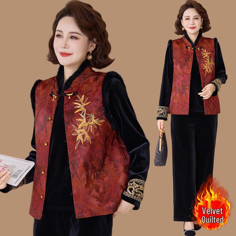 Stylish Fleece-Lined Chinese Padded Vest Set for Middle-Aged/Elderly Women - Plus Size, Autumn/Winter Collection