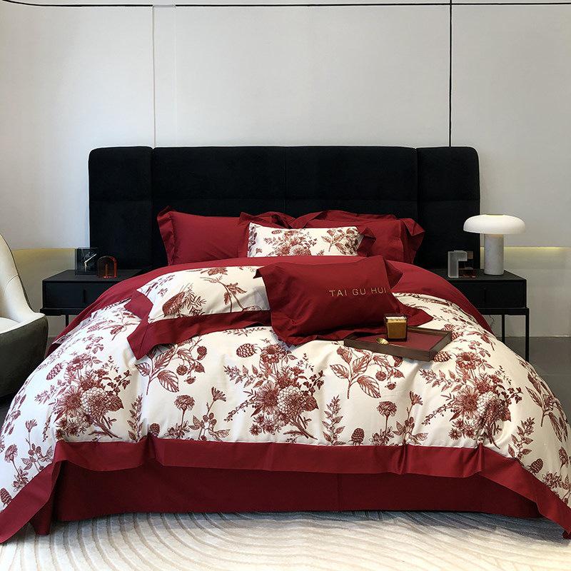 Elegant Big Red Wedding Cotton Sateen Duvet Cover Set: 100% Long-Staple Cotton, Four-Piece Bedding for Wedding Celebration.