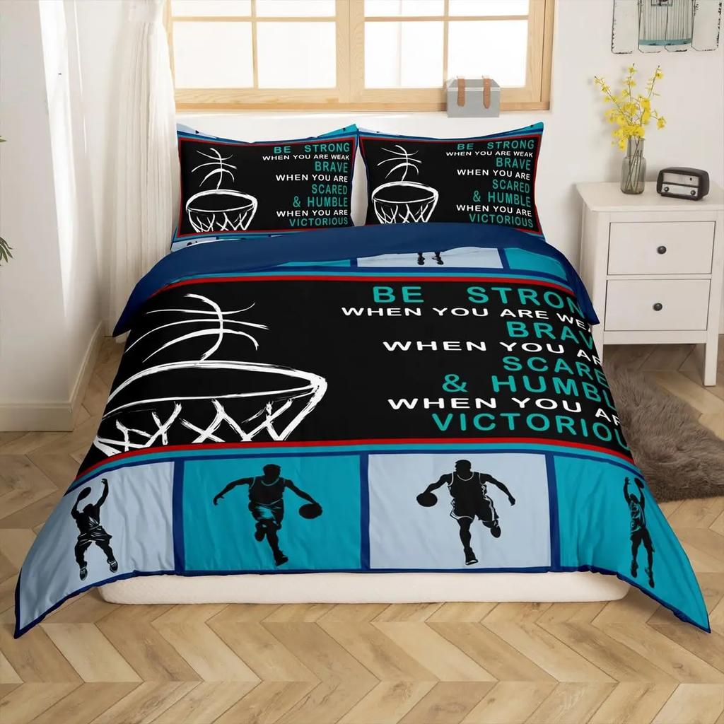 Basketball Court Print Bedding Set Queen Size,Ball Sports Games Themed Duvet Cover, Boys Game Room Decor Comforter Duvet Cover