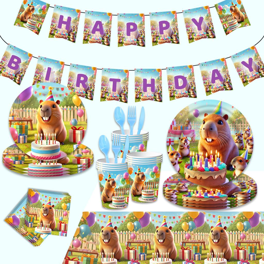 Capibara Party Cutlery Set Disposable Paper Plates Paper Cups Tissue Tablecloths Children'S Party Meals