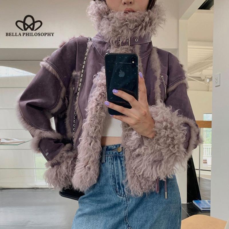 2024 New Rabbit Fur Fur Coat Female Short Lamb Hair Collar Fur Biker Jacket Fall and Winter Genuine Fur High Quality Coat