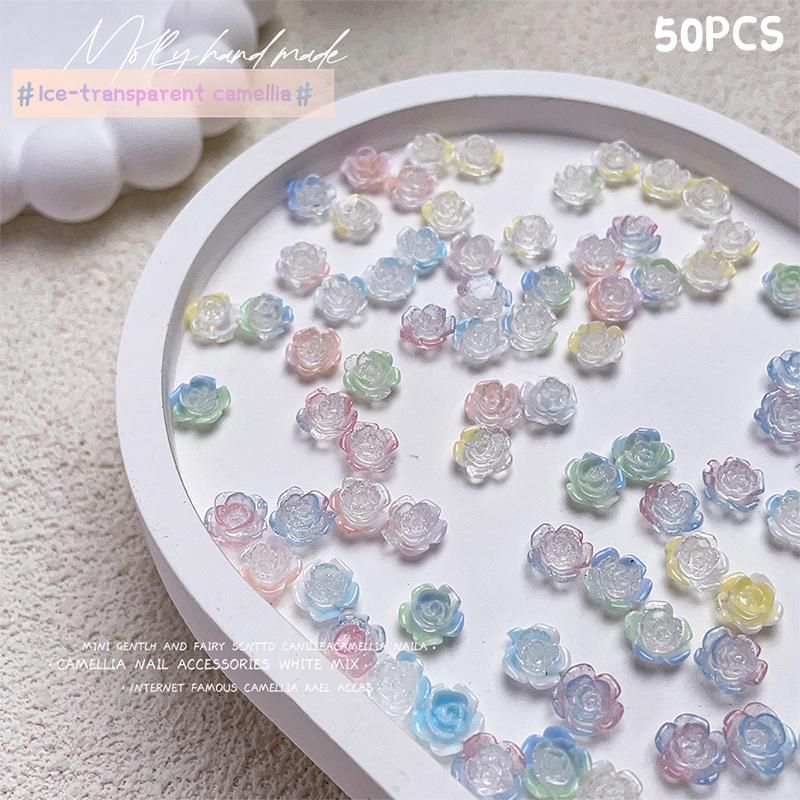50Pcs 3D Mix Sizes Beautiful Blossoming Rose Flowers Resin Adhesive Nail Art  Decorations Manicure Kawaii Charms