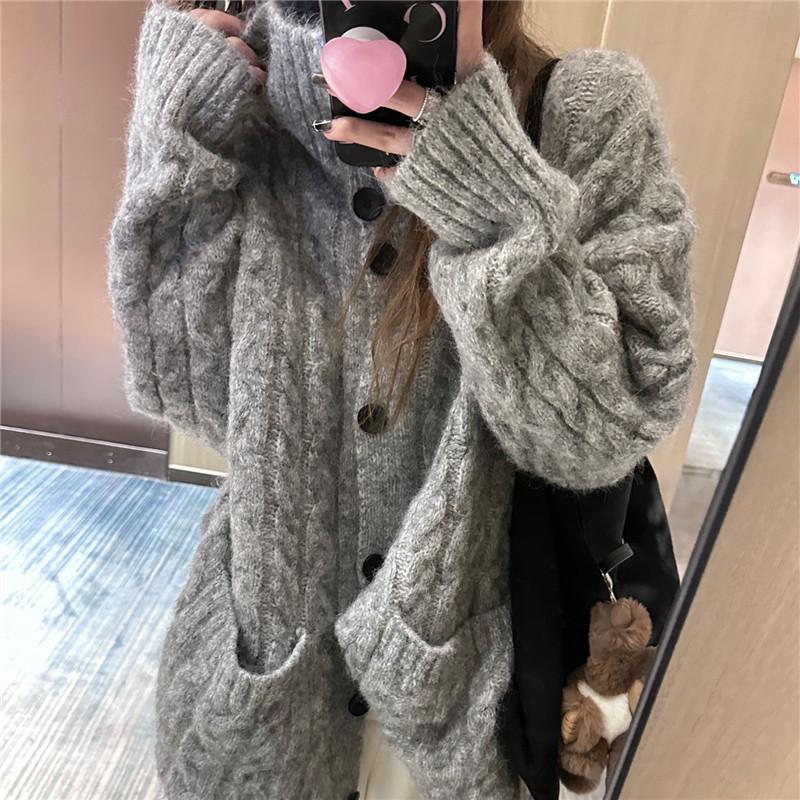 Korean wear lazy stand-up neck sweater jacket women's autumn and winter new high-end loose soft waxy knitted open top