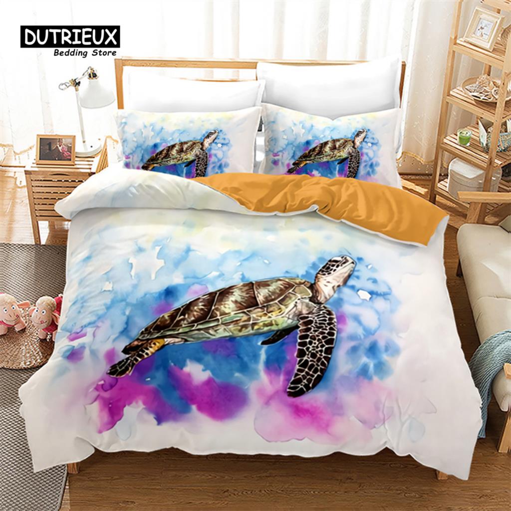 Sea Animal Duvet Cover Octopus Turtle Starfish Queen Bedding Set Microfiber Ocean Life Bedding Set King For Kids Boys Girls Teen