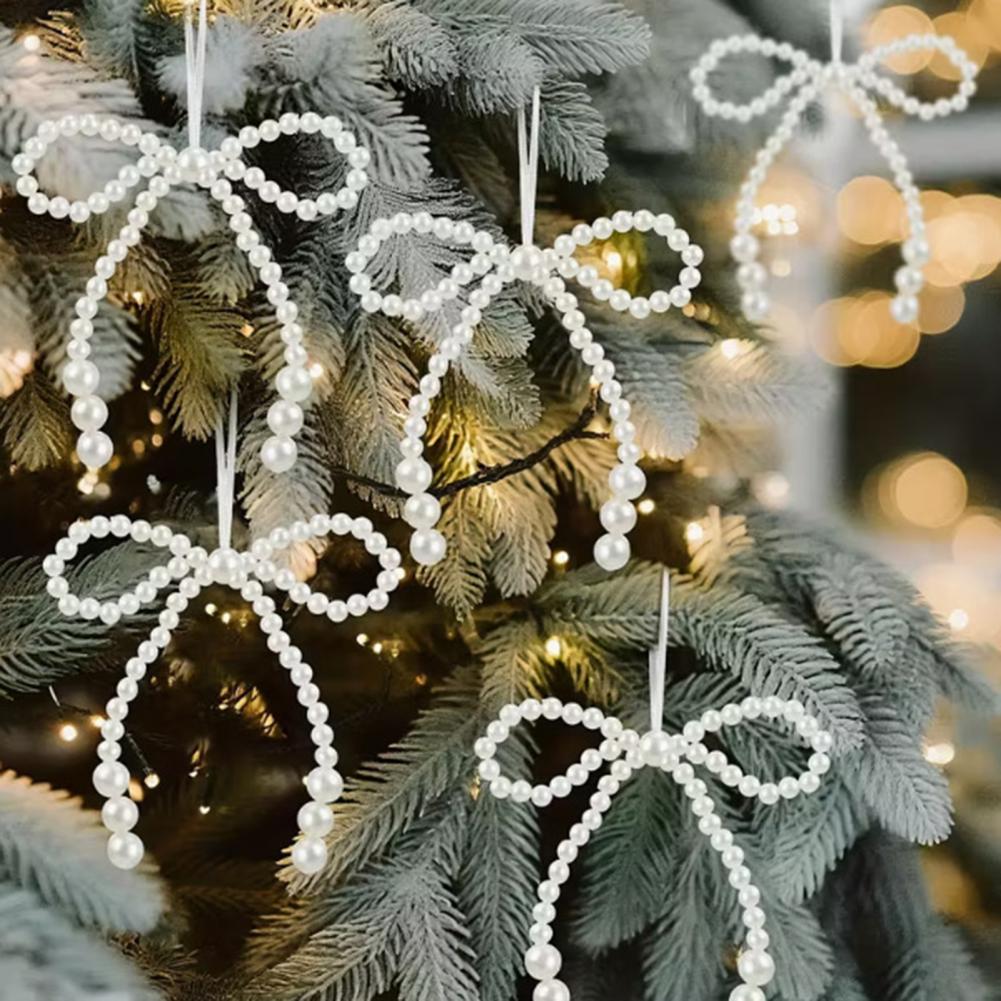 Cute Bow Ornament Bow Decoration Faux Pearl Bow Christmas Ornaments White Beaded Bowknot Tree Topper Hanging Pendant for Wedding