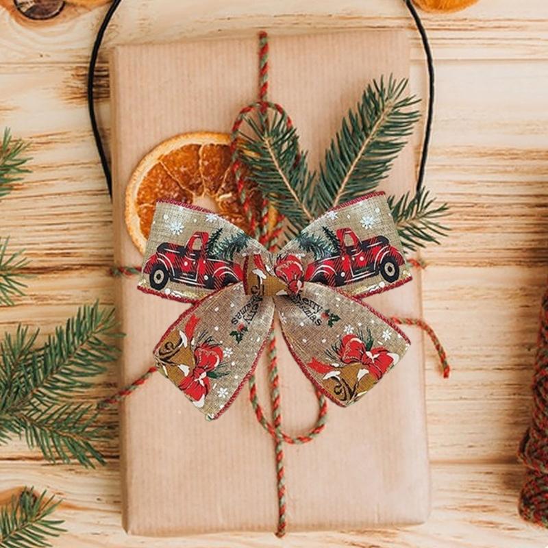 2 Rolls Bucolic Burlap Style Ribbon With Santa Sleigh Bells Holiday Homes Decoration Accessories